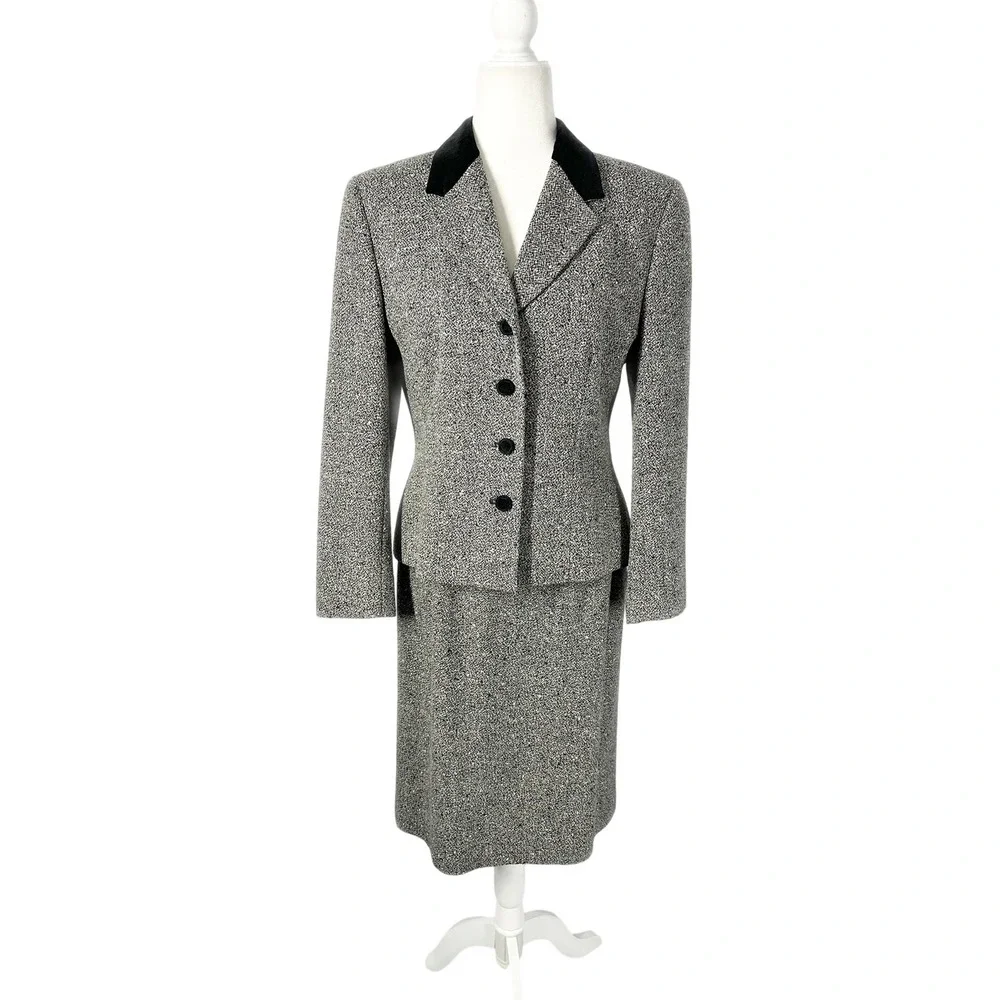 Pendleton Gray Wool Tweed Black Retro Blazer Skirt Suit Women's Size 8/10
